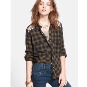 Free People Women's Blue Gauzy Plaid Lace Up Button Down Top - XS